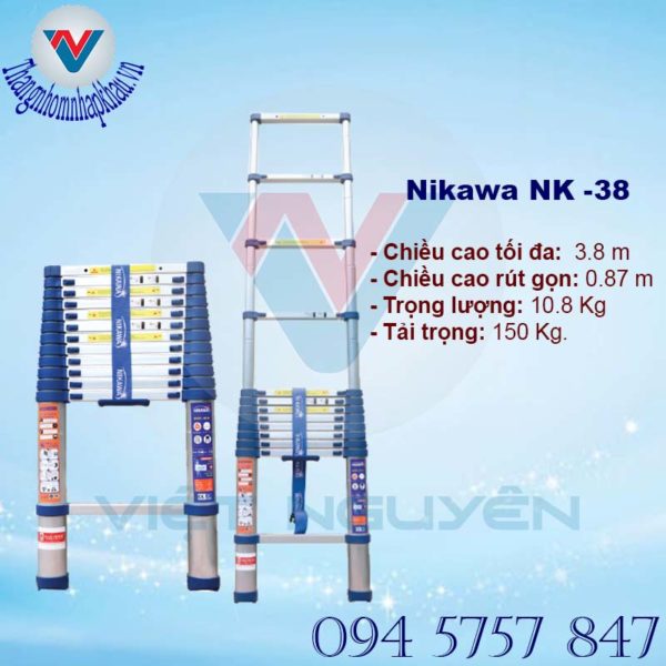 Mẫu thang nhôm rút gọn đơn 3.8m thương hiệu Nikawa model NK -38